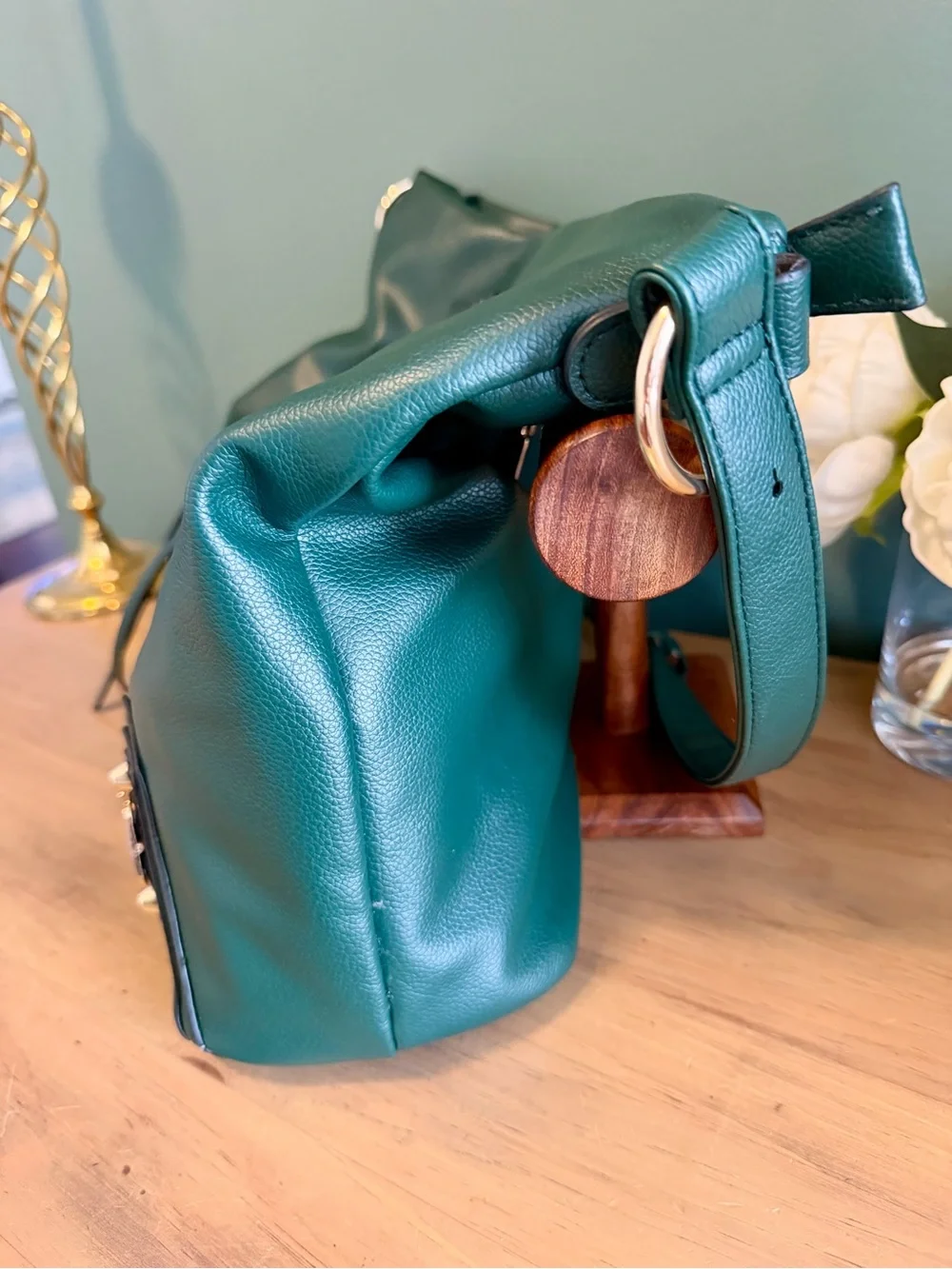 Emerald Green Slouch Hobo Bag Gold Hardware Boho Shoulder Purse - Picture 3 of 13
